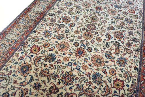 Backside of handmade 2000s Sarough rug showing knot structure and weave density