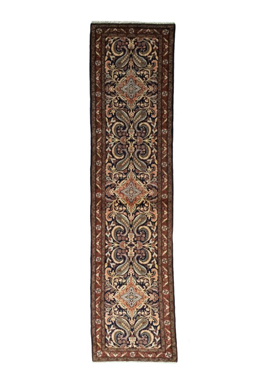 Full view of New Sarough rug from Iran / Persia, 328 × 80 cm in Blue tones