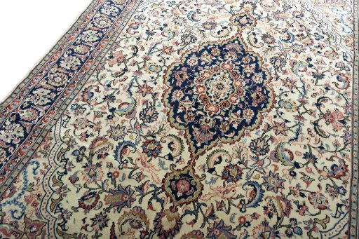 Backside of handmade New Sarough rug showing knot structure and weave density