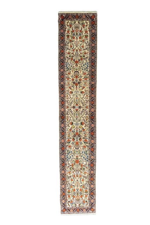 Full view of New Sarough rug from Iran / Persia, 339 × 64 cm in Beige tones