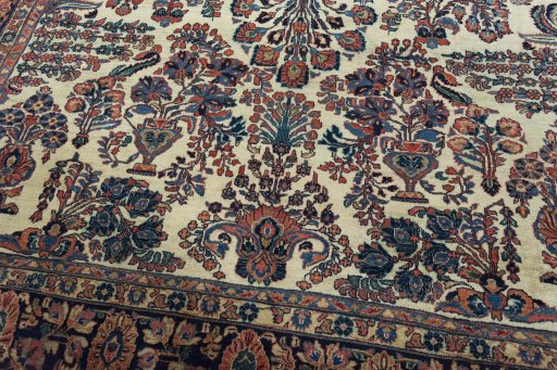 Close-up detail of 1930s Sarough rug from Iran / Persia showing Wool weave