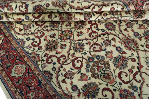 Close-up detail of 1970s Sarough rug from Iran / Persia showing Wool weave