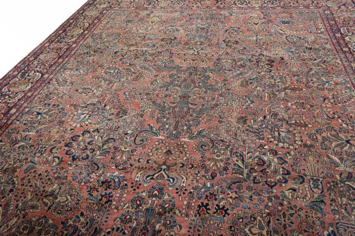 Backside of handmade 1930s Sarough rug showing knot structure and weave density