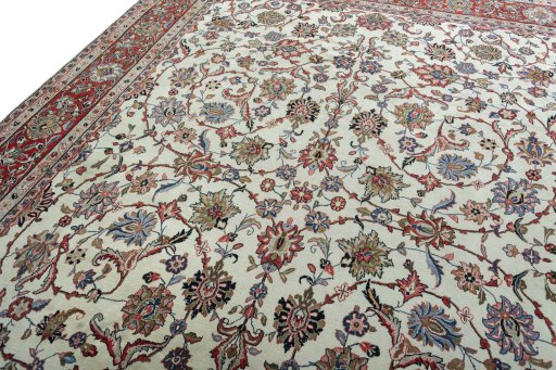 Backside of handmade 2000s Sarough rug showing knot structure and weave density