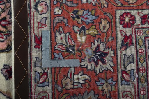 Backside of handmade 2000s Sarough rug showing knot structure and weave density