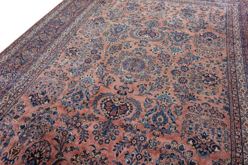 Backside of handmade 1930s Sarough rug showing knot structure and weave density
