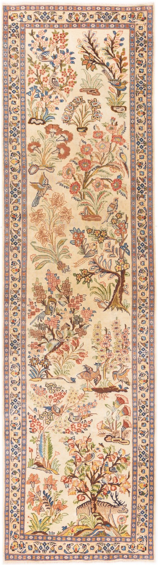 Full view of 1998s Sarough rug from Iran / Persia, 290 × 77 cm in Cream tones