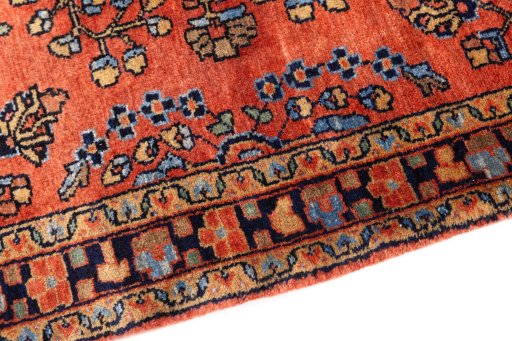 Backside of handmade 1974s Sarough rug showing knot structure and weave density