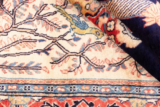 Corner detail of 2000s Sarough rug showing border pattern and Wool pile
