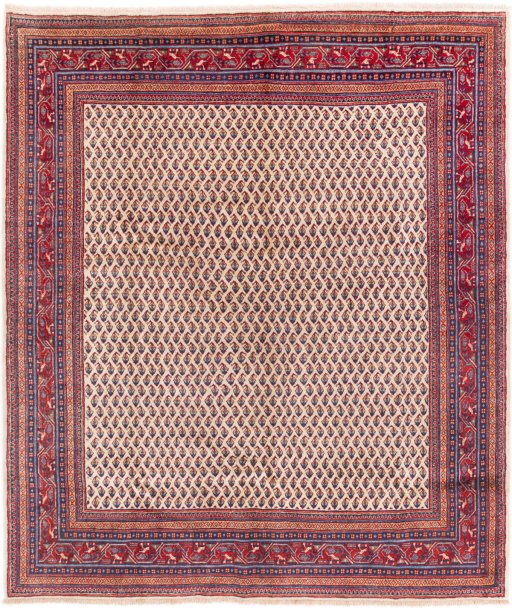 Full view of 1975s Sarough rug from Iran / Persia, 252 × 215 cm in Cream tones