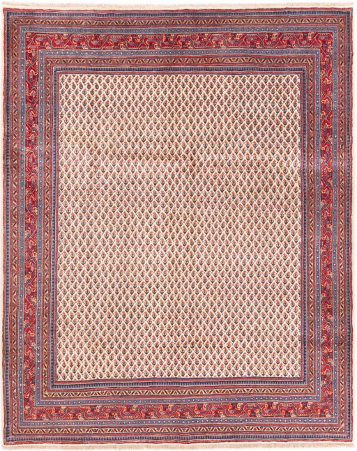 Full view of 1975s Sarough rug from Iran / Persia, 270 × 217 cm in Cream tones