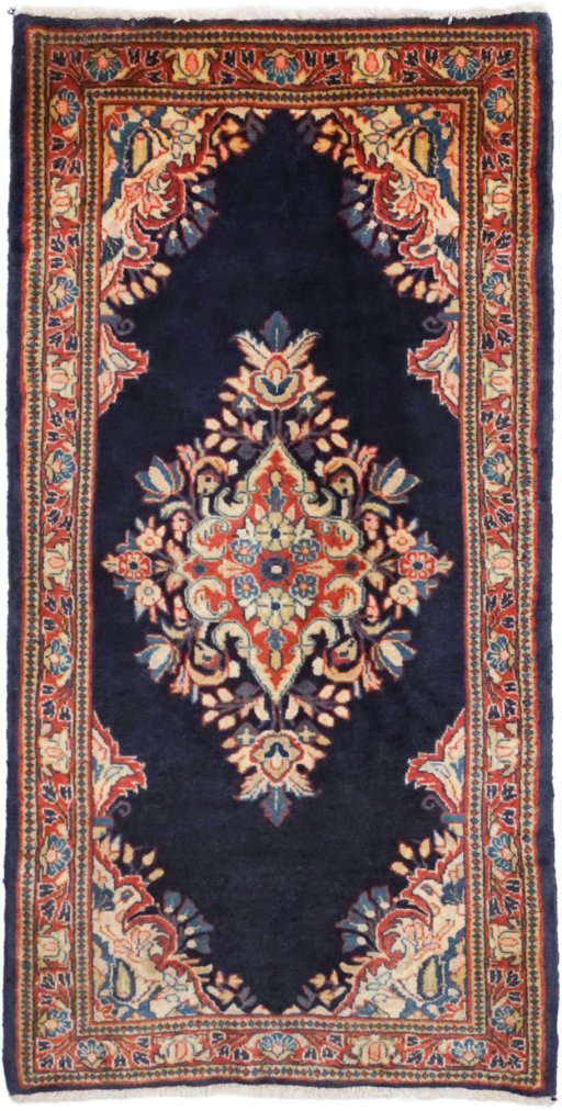 Full view of 1990s Sarough rug from Iran / Persia, 124 × 64 cm in Blue tones