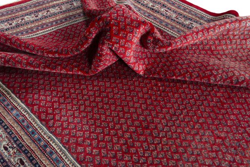 Corner detail of 2000s Sarough Mir rug showing border pattern and Wool pile