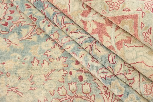 Full view of 1920s Tabriz rug from Iran / Persia, 402 × 367 cm in Blue tones