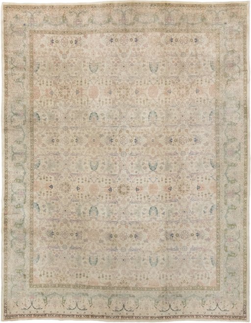 Full view of 1920s Tabriz rug from Iran / Persia, 433 × 334 cm in Cream tones