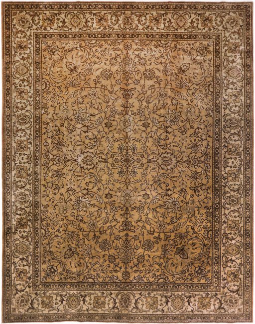 Full view of 1950s Tabriz rug from Iran / Persia, 377 × 295 cm in Brown tones