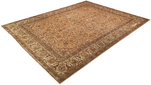 Corner detail of 1950s Tabriz rug showing border pattern and Wool pile