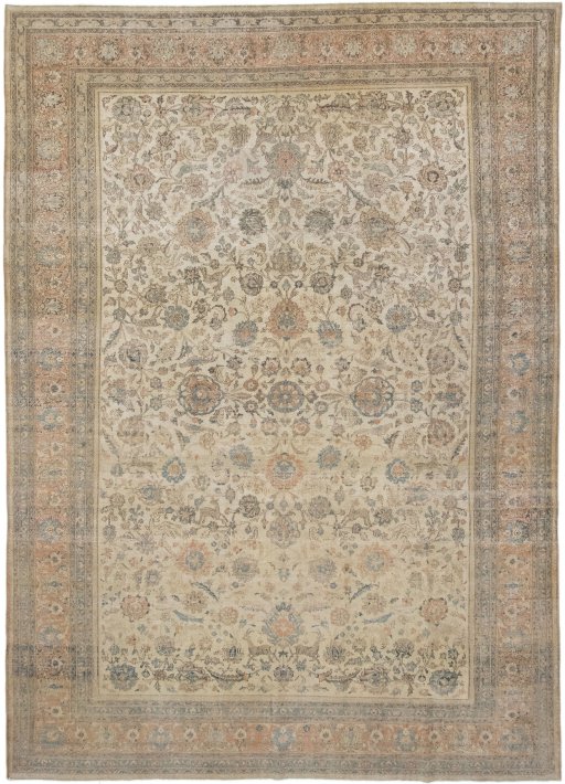 Full view of 1900s Tabriz rug from Iran / Persia, 418 × 300 cm in Cream tones