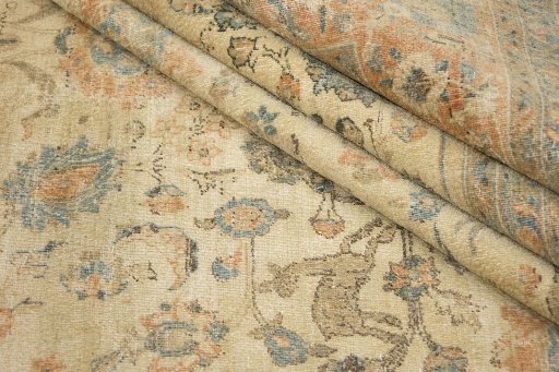 Full view of 1900s Tabriz rug from Iran / Persia, 418 × 300 cm in Cream tones