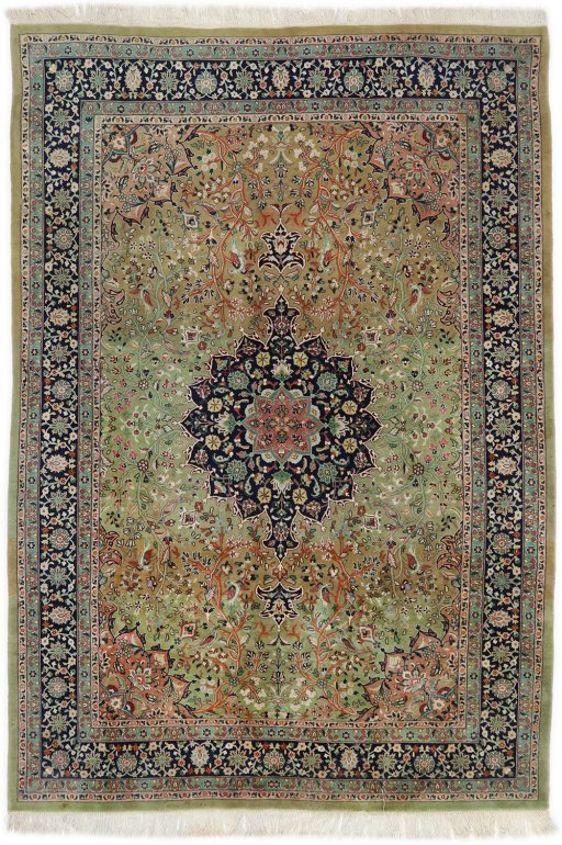 Full view of 1980s Tabriz rug from Iran / Persia, 263 × 183 cm in Green tones