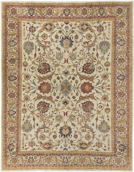 Full view of 1920s Tabriz rug from Iran / Persia, 415 × 325 cm in Cream tones