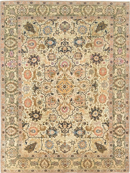 Full view of 1900s Tabriz rug from Iran / Persia, 385 × 290 cm in Cream tones