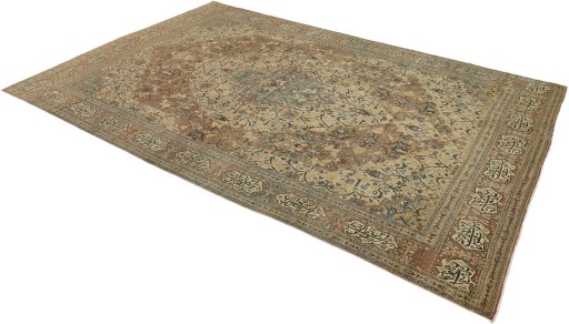 Close-up detail of 1900s Tabriz rug from Iran / Persia showing Wool weave