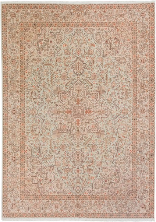 Full view of New Tabriz rug from Iran / Persia, 347 × 245 cm in Green tones