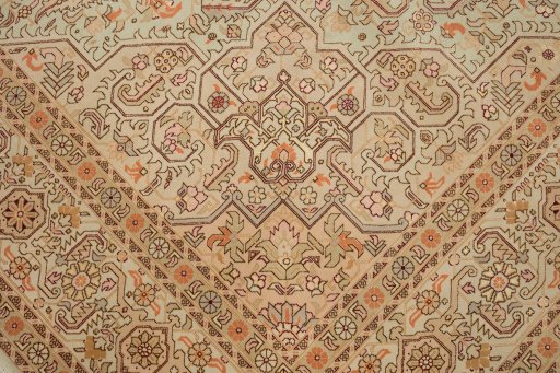 Full view of New Tabriz rug from Iran / Persia, 347 × 245 cm in Green tones