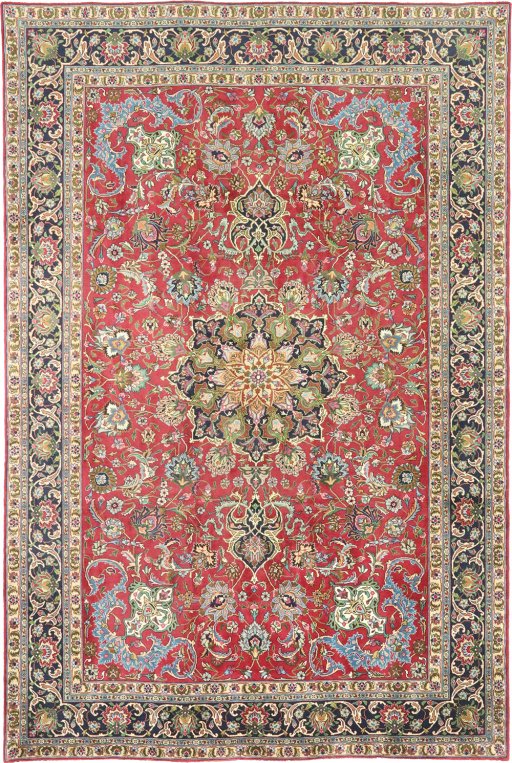 Full view of 1990s Tabriz rug from Iran / Persia, 298 × 197 cm in Red tones