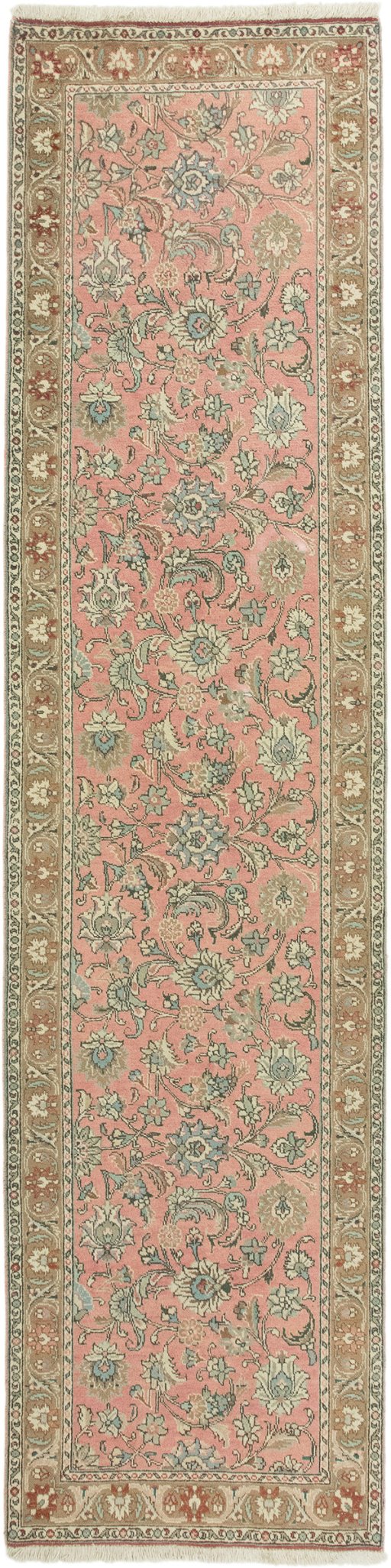 Full view of 1950s Tabriz rug from Iran / Persia, 372 × 92 cm in Pink tones