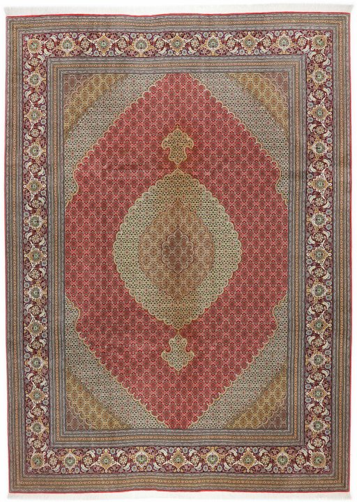 Full view of New Tabriz rug from Iran / Persia, 365 × 270 cm in Red tones