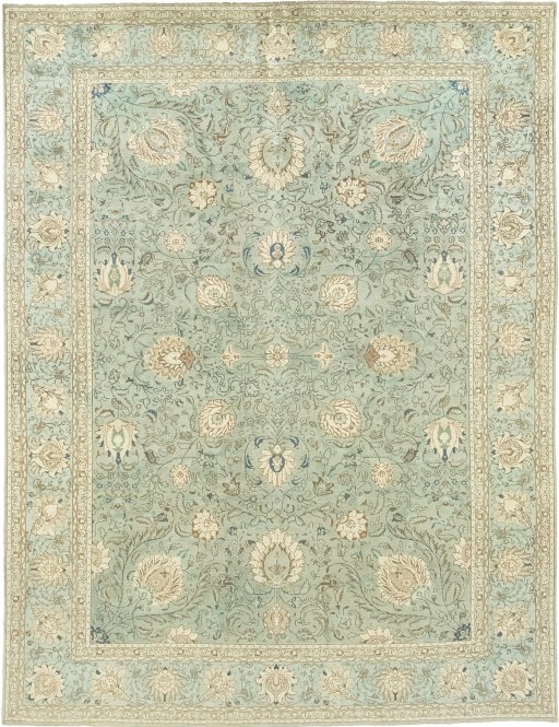 Full view of 1940s Tabriz rug from Iran / Persia, 406 × 307 cm in Green tones