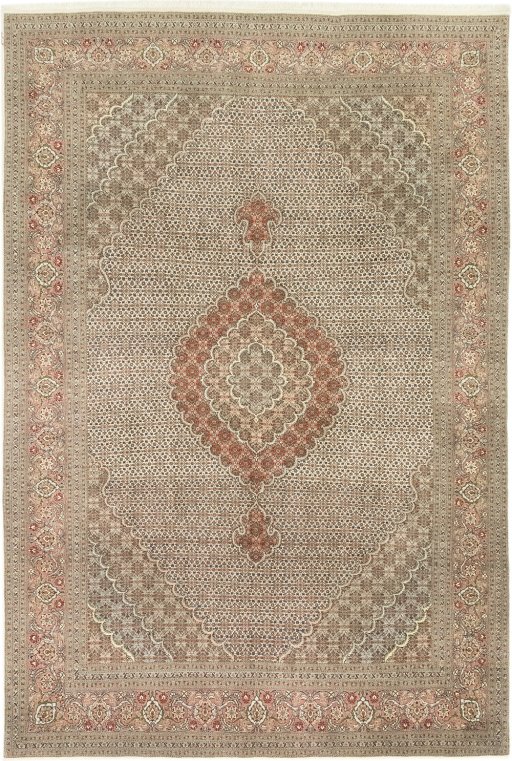 Full view of New Tabriz rug from Iran / Persia, 310 × 200 cm in Cream tones