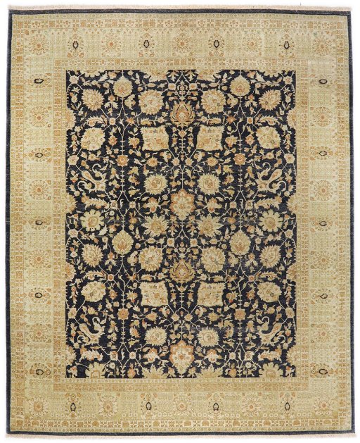 Full view of New Tabriz rug from Iran / Persia, 304 × 247 cm in Dark blue tones