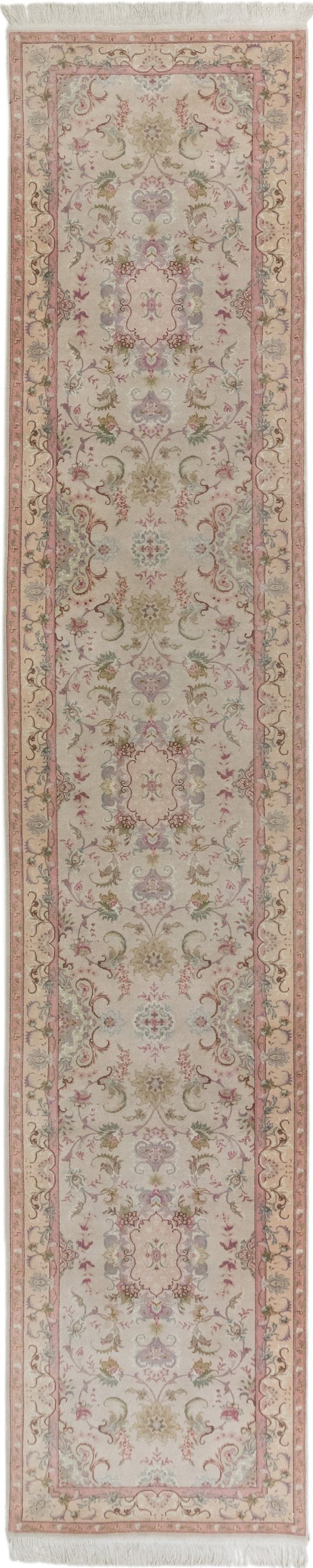 Full view of 1990s Tabriz rug from Iran / Persia, 400 × 78 cm in Gray tones
