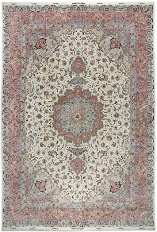 Full view of 1990s Tabriz rug from Iran / Persia, 508 × 342 cm in Cream tones