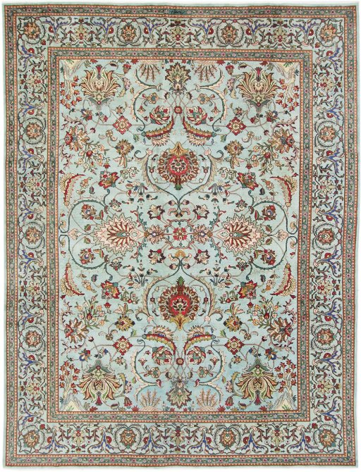 Full view of 1940s Tabriz rug from Iran / Persia, 400 × 310 cm in Blue tones