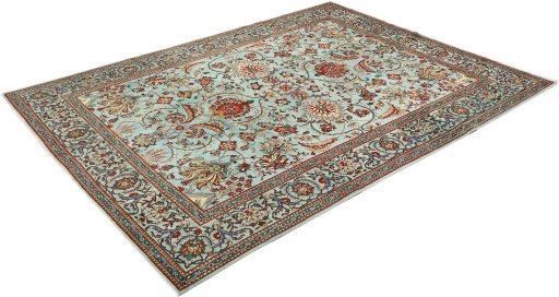 Corner detail of 1940s Tabriz rug showing border pattern and Wool pile