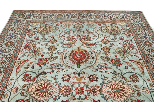 Full view of 1940s Tabriz rug from Iran / Persia, 400 × 310 cm in Blue tones