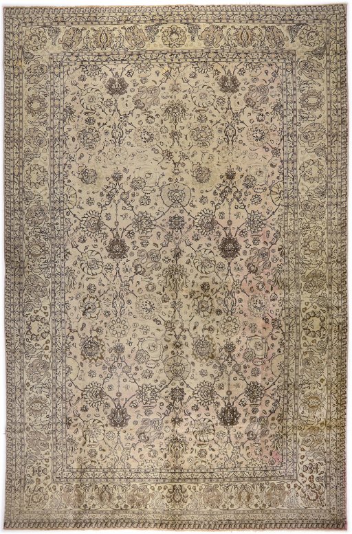 Full view of 1920s Tabriz rug from Iran / Persia, 495 × 317 cm in Cream tones