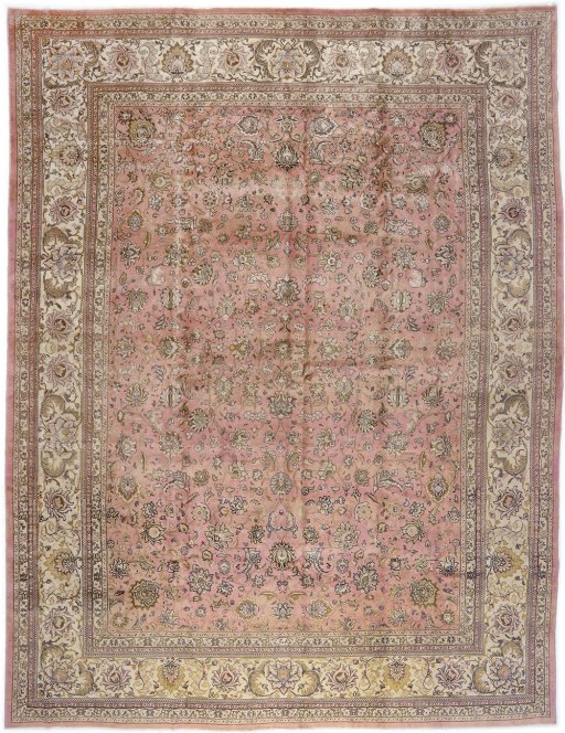 Full view of 1960s Tabriz rug from Iran / Persia, 465 × 348 cm in Pink tones