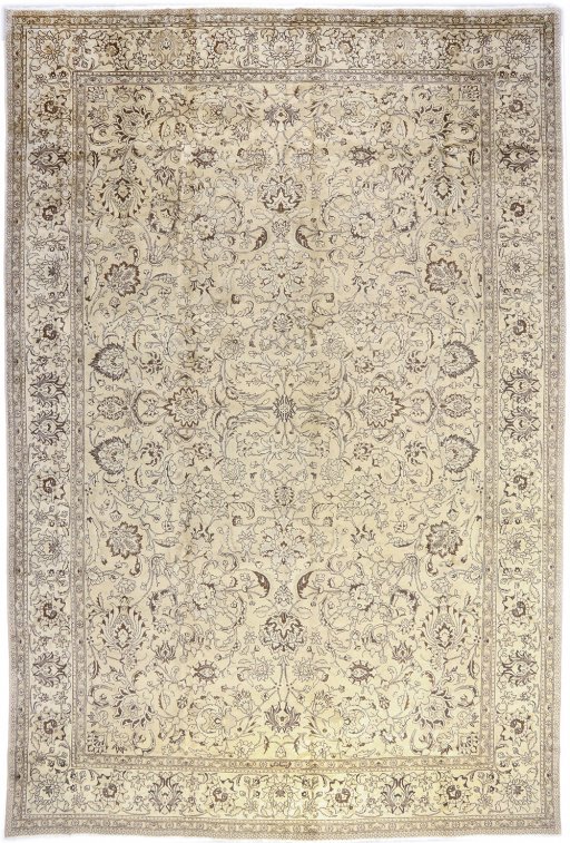 Full view of 1960s Tabriz rug from Iran / Persia, 538 × 358 cm in Cream tones