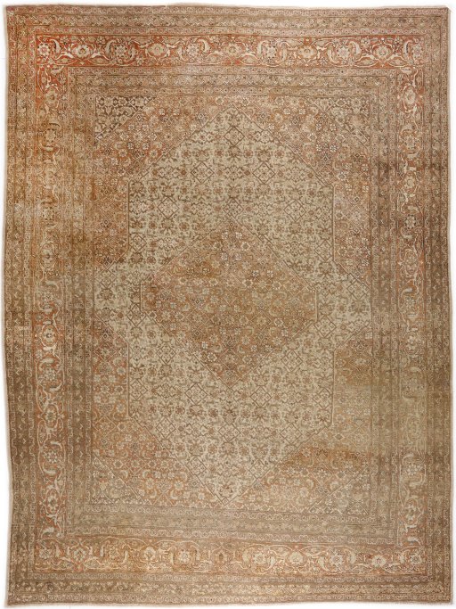 Full view of 1900s Tabriz rug from Iran / Persia, 378 × 282 cm in Brown tones