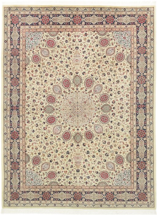 Full view of 1960s Tabriz rug from Iran / Persia, 392 × 293 cm in Cream tones