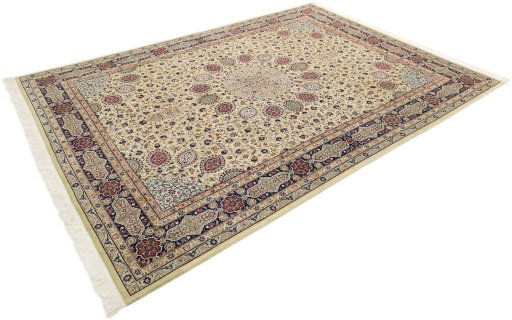 Corner detail of 1960s Tabriz rug showing border pattern and Wool pile