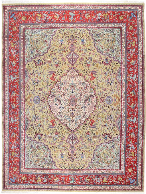 Full view of 1950s Tabriz rug from Iran / Persia, 450 × 340 cm in Yellow tones