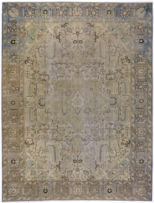 Full view of 1950s Tabriz rug from Iran / Persia, 350 × 265 cm in Beige tones