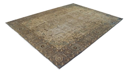 Corner detail of 1950s Tabriz rug showing border pattern and Wool pile