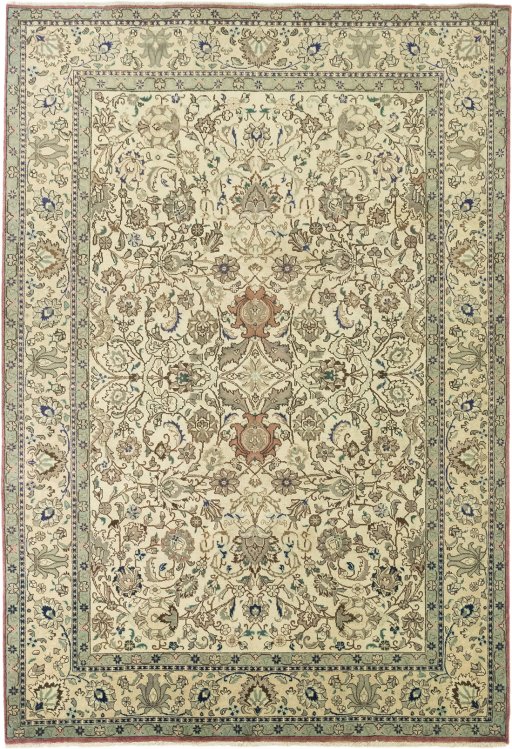Full view of New Tabriz rug from Iran / Persia, 287 × 198 cm in Cream tones